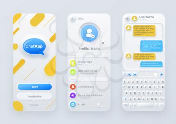 Neumorphic chat application interface, ui of mobile or web communication app. Messenger screen template vector kit with message bubbles, online dialog speech balloons, registration and profile page