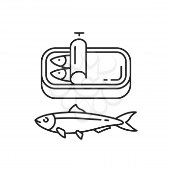 Canned sardines in oil isolated thin line icon. Vector Portuguese national food, seafood product packaging.