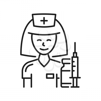 Nurse woman doctor ready to do coronavirus vaccination isolated thin line icon. Vector healthcare and medicine worker, syringe and medical pills drugs, antiviral vaccine and immunization inject