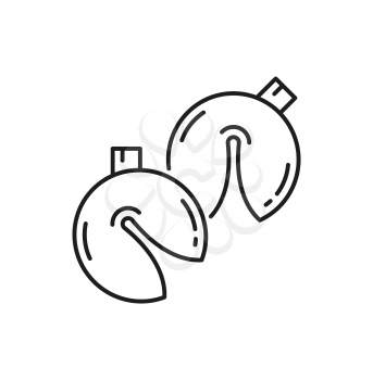 Fortune cookies isolated traditional Chinese, Korean or Japanese cookies thin line icon. Vector biscuit crumbs, opportunity metaphor oriental snack, destiny prediction tellers, wish and luck symbol