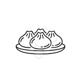 Baozi traditional chinese food on plate isolated thin line icon. Vector bao yeast-leavened filled bun, China cuisine food. Asian bakery with fillings, steamed buns. Japanese lunch or dinner bau