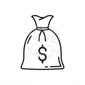 Money bag with dollar sign isolated thin line icon. Vector sack of money, bank coins or cash, finance savings and deposit symbol. Moneybag with rope, jackpot treasure funds, investment, charity profit