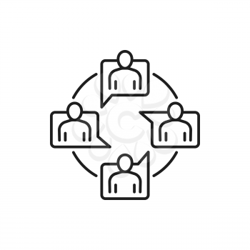Online meeting chat conference, distance education isolated communicating people thin line icon. Vector distant education, teacher, students. Support center workers, team communication group in circle