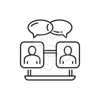 Meeting online on computer screen, business chat conference isolated thin line icon. Vector team communication, two people speaking and speech bubbles, distant education, teacher and student