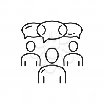 Online meeting chat conference, workers exchange opinions isolated thin line icon. Vector business chat conference, team communication, group of people and speech bubbles, distance education