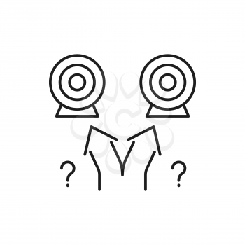 Target boards and arrows pointing in different directions, question marks isolated outline icon. Vector thinking idea and strive towards to business target, ways to leadership and aim achievement