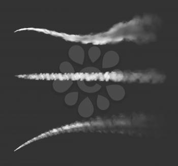 Airplane chemtrails or jet plane smoke trails realistic vector. White contrail clouds of aircraft engine exhaust on transparent background, jet airplane vapor or water condensation traces