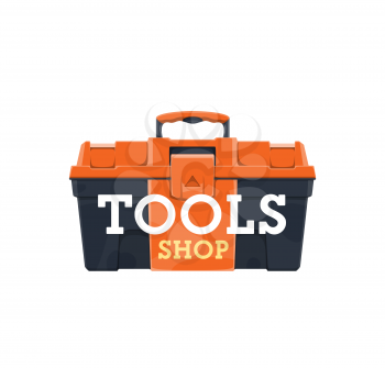 Toolbox icon. Construction worker, car and house repair, handicraft equipment shop or store vector emblem or icon with plastic toolbox case or container for repairman, handyman or mechanic tools