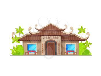 Vietnamese cuisine restaurant building icon. Asian food cafe or restaurant cartoon vector facade with hip and gable roof, outdoor seating and palm trees. Vietnam architecture city street building