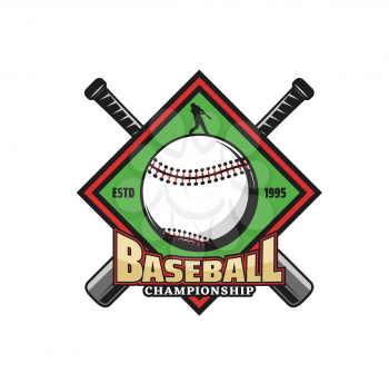 Baseball championship icon with crossed bats and hitting ball batter. Baseball teams tournament, sport game competition vector emblem, retro sticker or icon with baseball player items
