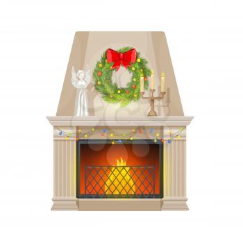 Christmas fireplace with vector pilasters, mantelpiece and chimney, decorated with Xmas tree wreath, lights and red ribbon, angel and candles. Cartoon fire place or hearth with fire, festive interior