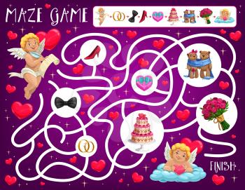 Valentine day child labyrinth maze with amours and wedding attributes. Kids educational game, playing activity. Cupid with romantic letter, wedding rings and cake, cute bears couple cartoon vector