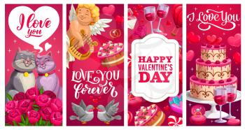 Valentines Day holiday banners with vector gifts, love hearts and flower bouquets. Engagement and wedding rings, chocolate cakes and candies, love letter, Cupid and loving couples of cats and birds