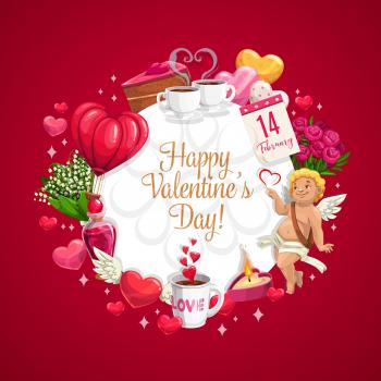 Valentines Day hearts, Cupid and flowers vector greeting card of love holiday. Red hearts, chocolate cake and romantic gifts, rose bouquet, february calendar, Amur angel and candle frame