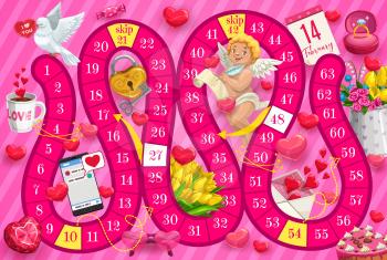 Kids Saint Valentine day boardgame with cupid and romantic gifts. Child board game with finding way task, educational activity. Cherub, flowers and cake, ring with gem, key from heart cartoon vector
