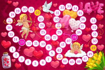 Saint Valentine day child board game template. Kids educational activity with counting task, children roll and move boardgame with cupids cartoon characters, balloons and tulip bouquet, dove vector