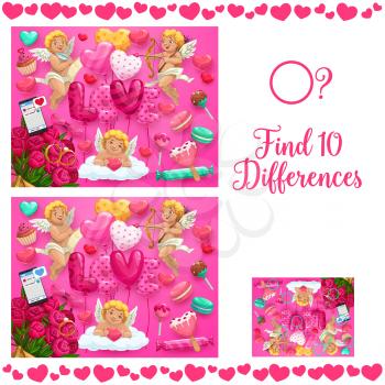 Saint Valentine day kids find ten differences puzzle. Child educational game with search and compare task, children playing activity. Cherubs, holiday balloons and flowers, candies cartoon vector