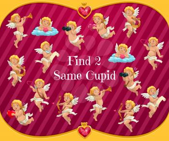 Kids Saint Valentine day puzzle game with cupids. Preschooler playing activity, child riddle with searching and compare task. Cherubs or angels with heart, binoculars and bow vector cartoon characters