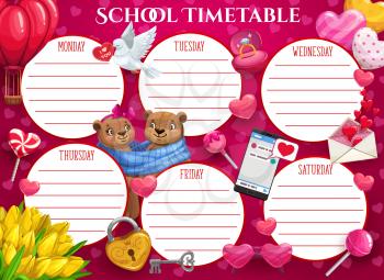 Saint Valentine holiday kids school timetable template. Child education schedule, lessons planner or children week calendar. Bears couple, white dove and romantic gifts, tulip flowers cartoon vector