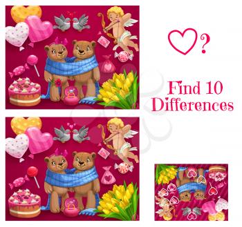 Saint Valentine day child find ten differences game. Kids playing activity with spotting task, children educational puzzle. Bears couple toys, cupid shooting arrow and sweets, balloons cartoon vector