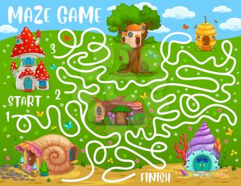 Kids labyrinth maze, cartoon beehive, oak and snail, vector stump and mushroom or seashell houses. Kids tabletop riddle or find way labyrinth puzzle with dwarf, gnome or fairy elf homes and sea shells