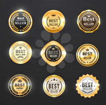 Best seller golden labels, award seal, medal badges with laurel wreaths. Vector premium quality gold emblems with stars and crowns. Company or brand product tags or stamps luxury design isolated set