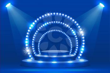 3d podium on blue stage with ramp lights. Realistic vector neon glowing empty scene for product presentation, fashion show performance. Pedestal, nightclub dance floor glowing illuminated round podium