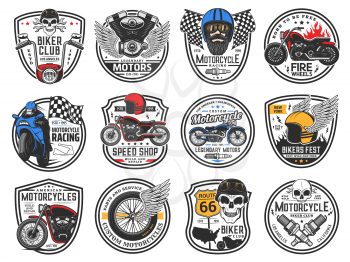 Motorcycle and biker skull in helmet vector icons of motorsport, biker club, motor garage. Motorcycle or bike, rider, engine piston and moto wheel, chopper, racing flag and spark plug isolated badges