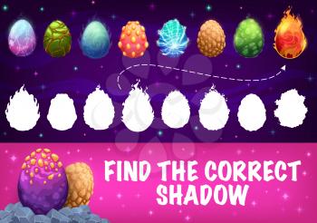 Find correct shadow of fantastic cartoon dinosaur eggs, vector kids tabletop game. Children puzzle riddle or board game to find similar silhouette eggs of dino dragon or cosmic dinosaur