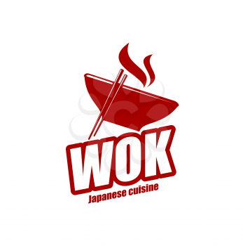 Wok pan and sticks icon, Chinese and Japanese cuisine steaming wok. Vector symbol for asian restaurant or cafe with traditional cooking bowl and bamboo chopsticks. Red and white colored label
