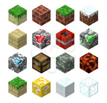 Pixel game blocks of grass, stone and lucky, granite, chest and brick, marble, magma and dynamite, quartz, glass. Game environment design elements, vector textures or items made of square pixels