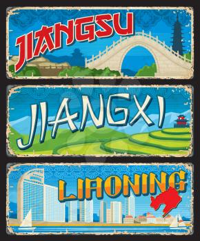 Jiangsu, Jiangxi, Liaoning Chinese province plates, vector travel tin signs. Chinese luggage tags with province cities sightseeing landmarks and tourism attractions on map, temples and pagoda