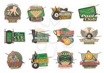 Billiard sport isolated vector icons with pool or snooker tables, balls and cues, game club racks, league team trophy or winner cup, player glove, chalk and bowtie. Tournament or championship emblems
