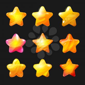 Cartoon stars vector icons set, rate or ui design elements yellow golden glossy stars. Game assets for app user interface and score display, winner achievement symbols isolated on black background