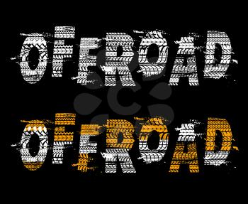Car off road typography with tires trails. Off road track racing background with tyres marks texture, vehicle wheel protectors dirty traces. Motorsport, rally or motocross competition background