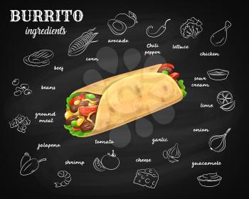Burrito ingredients, chalkboard menu fast food tortilla wrap, Mexican cuisine. Hand drawn sketch burrito ingredients chicken, avocado and chili pepper in tortilla roll restaurant menu on chalk board