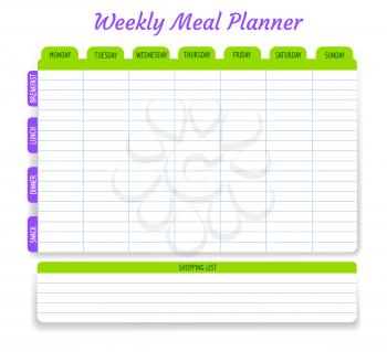 Weekly meal planner, vector timetable, week food plan organizer. Calendar menu for breakfast, lunch, dinner and snack with shopping list for grocery purchases. Diary template for personal dieting