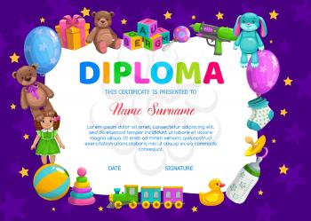 Kids diploma, kindergarten vector certificate template with baby soft bear and bunny toys. Doll, ball and train, cube blocks, child socks, duck and pacifier with gift boxes. Baby diploma for preschool
