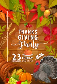 Thanks Giving party vector flyer with pumpkin, pie with cranberry and turkey. Invitation for Thanksgiving day celebration, cartoon card with cornucopia, maple, birch, poplar and oak leaves with crop
