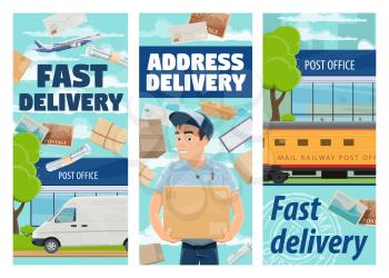 Freight and parcels mail delivery vector design. Cartoon courier or postman, van, airplane and railway train post, parcel shipping service. Express delivery, post office and mailman with box in hands