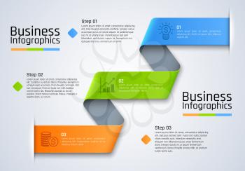 Step chart infographics of business presentation vector template. Chart, graph and diagram with 3 step, process or option layouts, flowchart or workflow info graphic with ribbon swirls, business icons