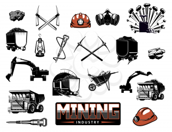 Coal mining industry isolated vector icons. Mine machinery and miner equipment tools. Metal ore, coal, excavator or digger and bulldozer, jackhammer and pickaxe, wheelbarrow and hardhat, lantern