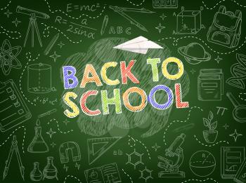 Back to school vector background of education supplies chalk sketches on blackboard. School book, pencils and rulers, student bag, microscope, calculator and abc, chemical flasks, telescope and DNA