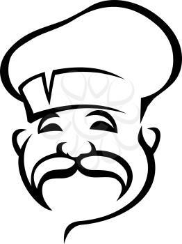 French, Italian chef black outline vector illustration. European cuisine logo design idea. Professional senior chef cook with mustache isolated contour clipart. Cooker, confectioner line art drawing