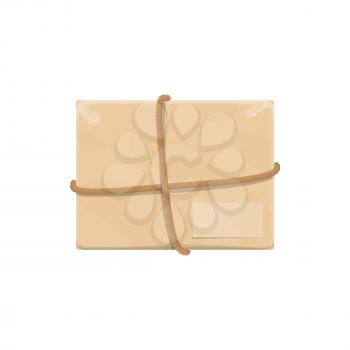 Paper box package bandaged by rope vector isolated icon. Parcel post wired by cord