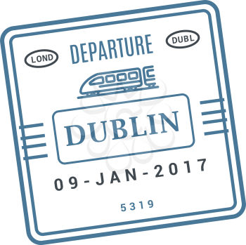 Dublin train ticket, railway arrival stamp isolated vector. Arrival or departure visa, passport control stamp