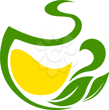 Tea with lemon isolated creative logo. Vector herbal hot drink with citrus fruit and garden herbs