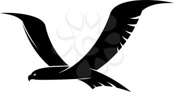 Black bird in flight isolated heraldry symbol. Vector flying hawk, falcon or eagle
