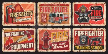 Firefighting equipment vector rusty metal plates, protective helmet, gas mask, axe and extinguisher, hydrant or fire truck. Firefighter department vintage rust tin signs, ferruginous retro posters set