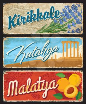 Kirikkale, Kutahya and Malatya Turkey il provinces signs, vector thin plates. Turkish il provinces luggage tags or city welcome signs and road metal plates with Turkish landmarks